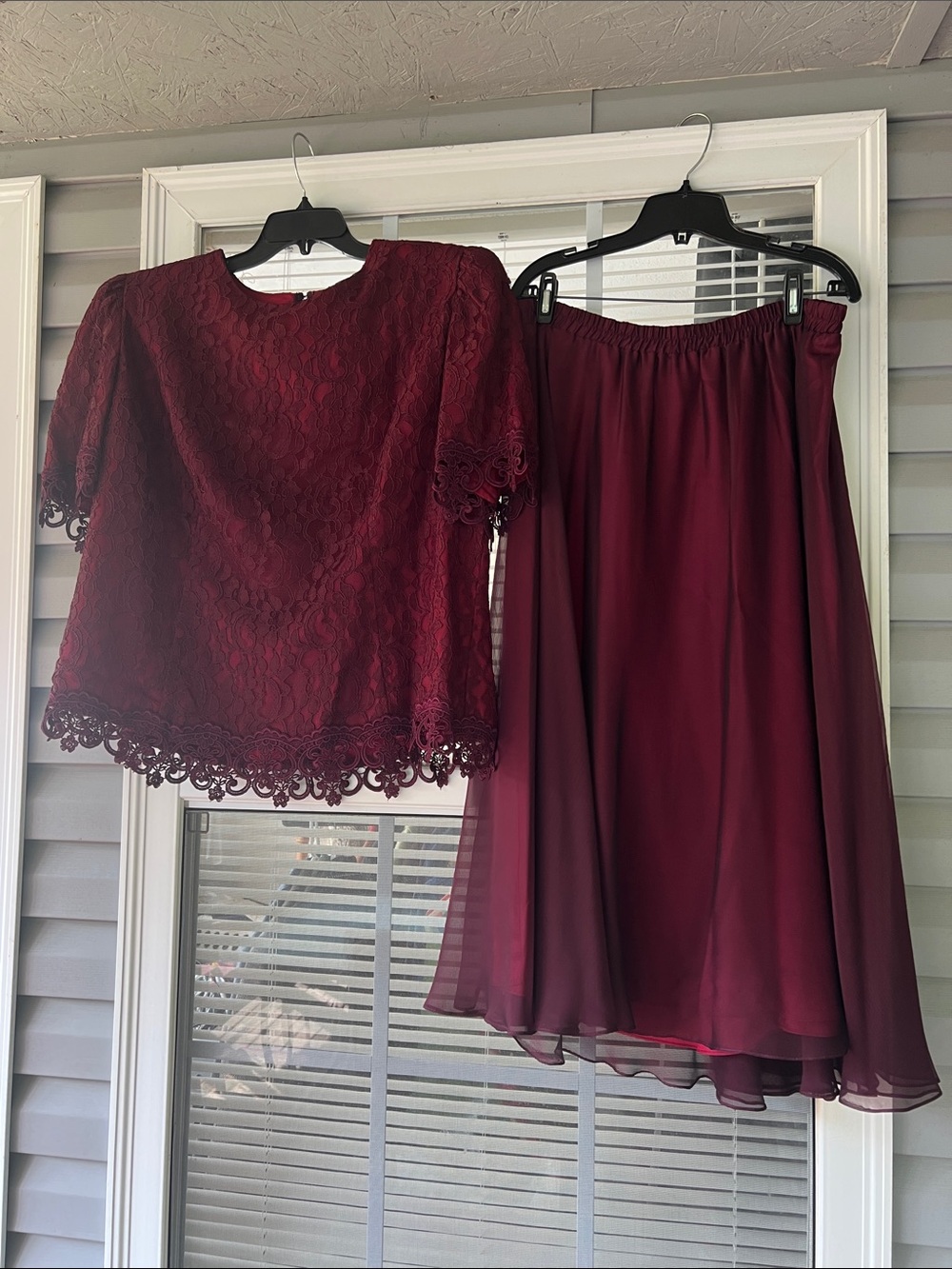 Cachet Burgundy Lace Top and Chiffon Midi Skirt Set